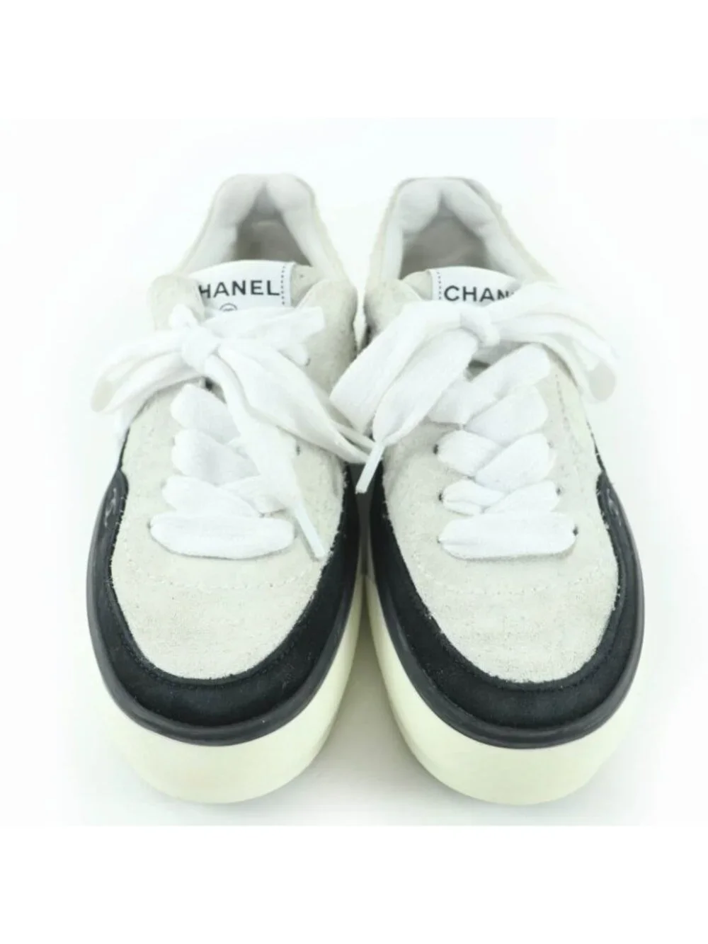Chanel Coco Mark Lace Up Suede Leather Low-cut Sneakers White - Picture 3 of 9